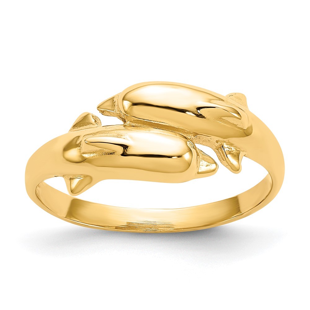 14k Yellow Gold Double Small Dolphin Nautical Sea Life Ring, Size 6